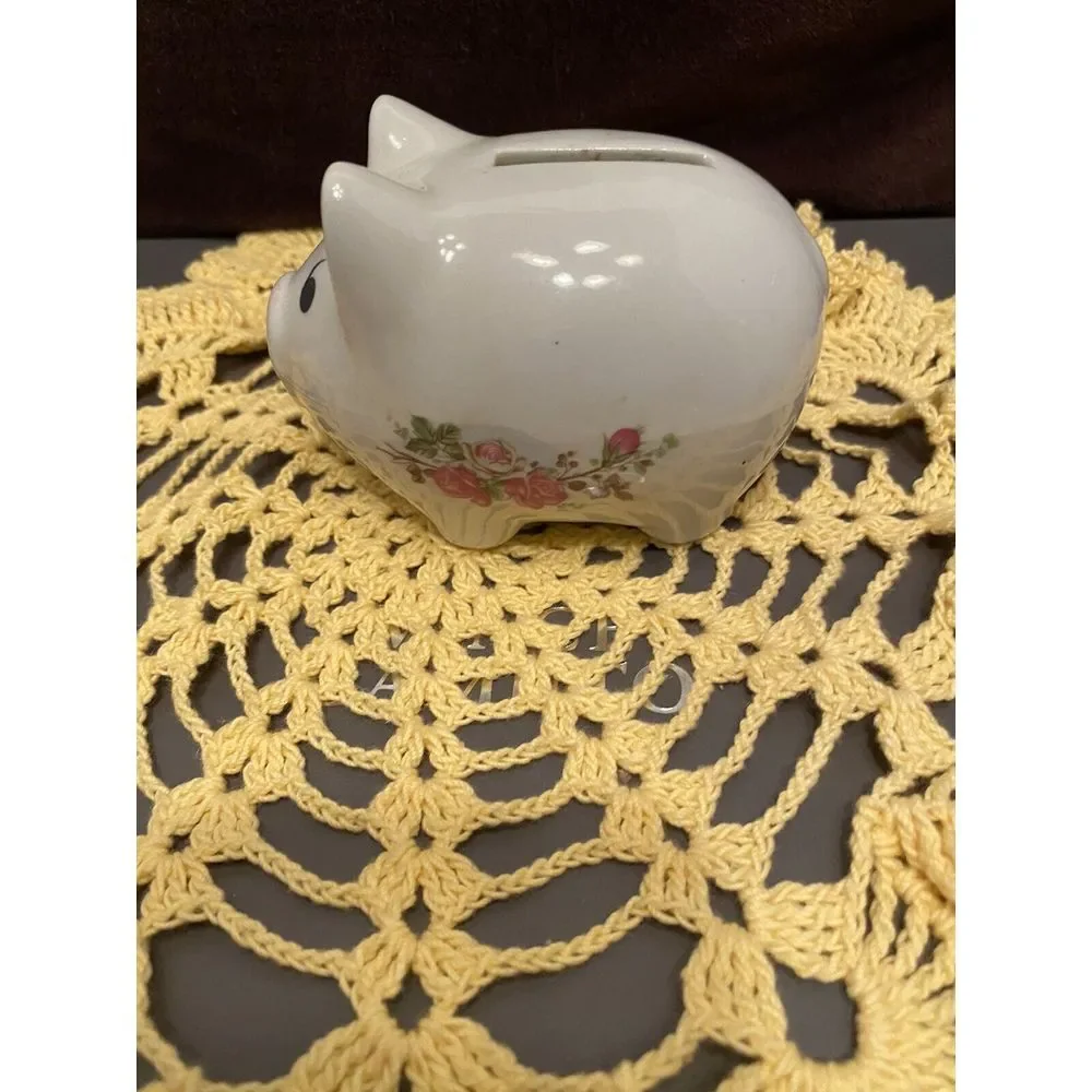 Cute VintageSassy Piggy Bank Pig Coin slot back classic White Ceramic W Florals.